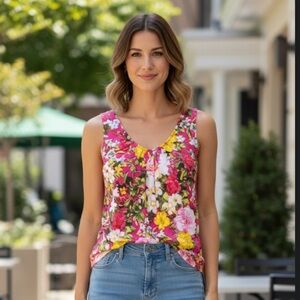 7th Avenue Design Studio Pink Floral Sleeveless Pleat Front Blouse - Small